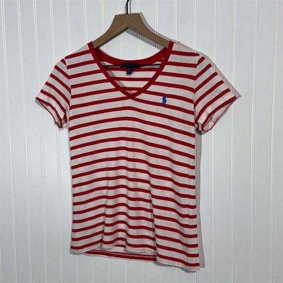 Ralph Lauren Red White Striped V-Neck T-Shirt Medium Classic Polo Pony Logo - Picture 1 of 7